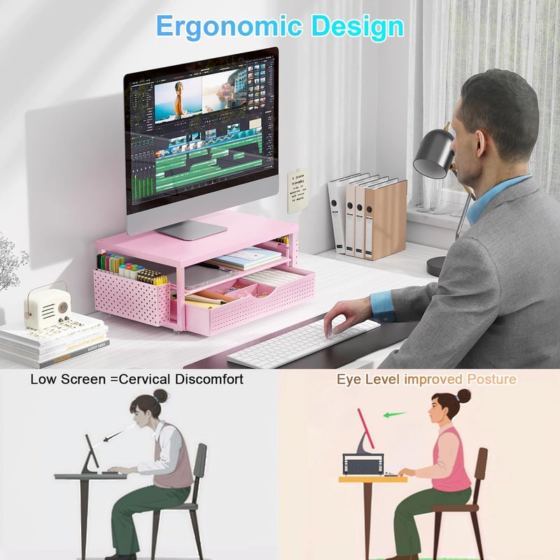 gianotter Wood Monitor Stand Riser, Desk Organizer with Drawer and 2 Pen Holders, 2-Tier Workspace Organizer for Office Supplies(Pink Wood) - Image 3